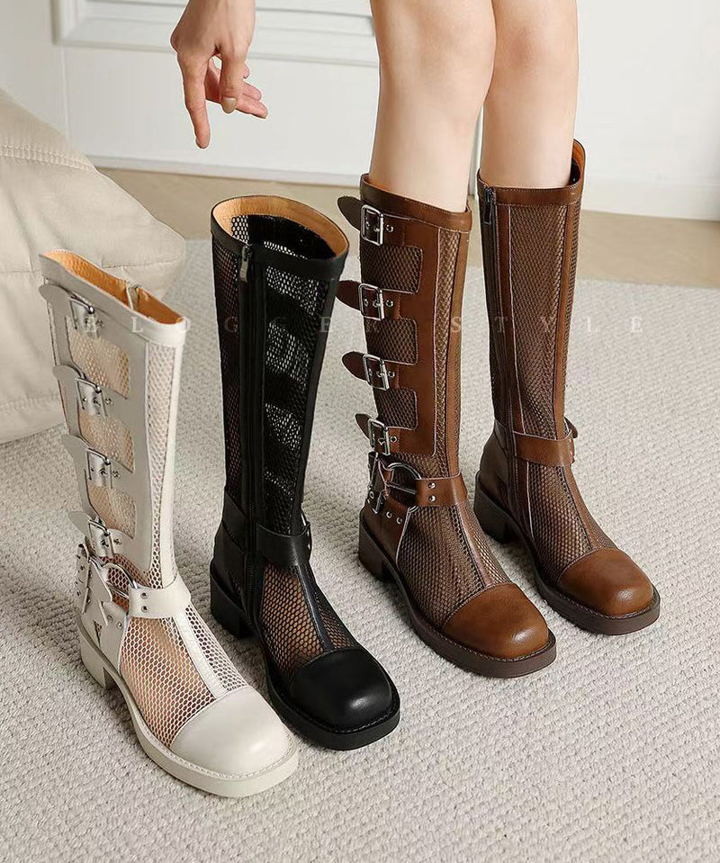 Splicing Chunky Hollow Out Breathable Boots Beige Genuine Leather