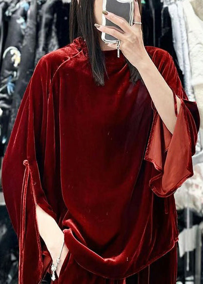 French Red Button Side Open Silk Velour Tops Long Sleeve