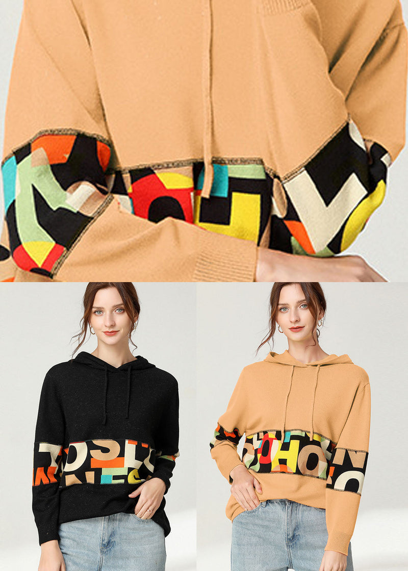 Black Hooded Patchwork Print Top