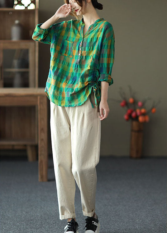 Green Loose Plaid Drawstring Fall Long Sleeve Shirt