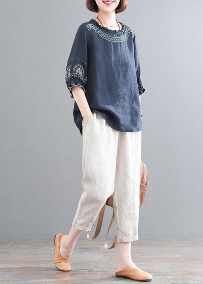 Loose Navy O-neck Top and Corp Pants Two-piece Set Summer