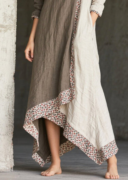 Art Print Patchwork Cotton Maxi Dresses Asymmetrical Spring