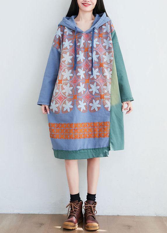 Unique Green Hooded Asymmetrical Design Patchwork Print Fall Pullover Dress
