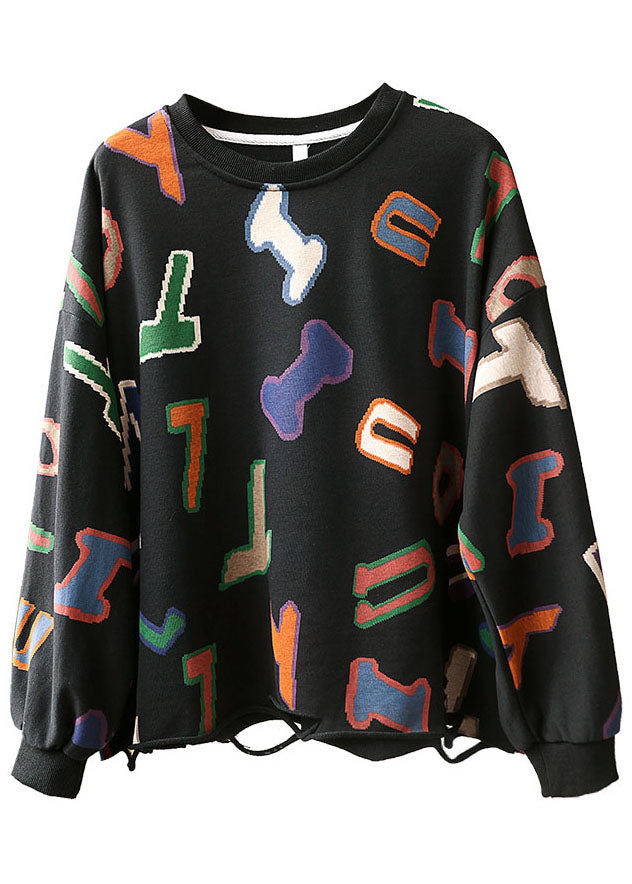 Modern Black Loose O-neck Graphic Hole Fall Sweatshirts Top