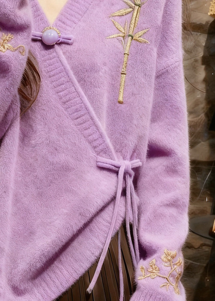 Light Purple V Neck Tie Waist Cotton Knit Sweaters Tops Fall