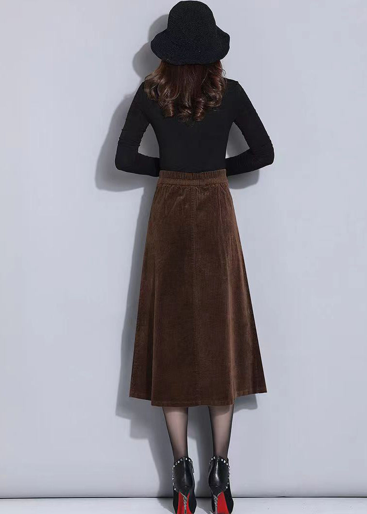 Brown Elastic Waist Pockets Corduroy a Line Skirts Spring
