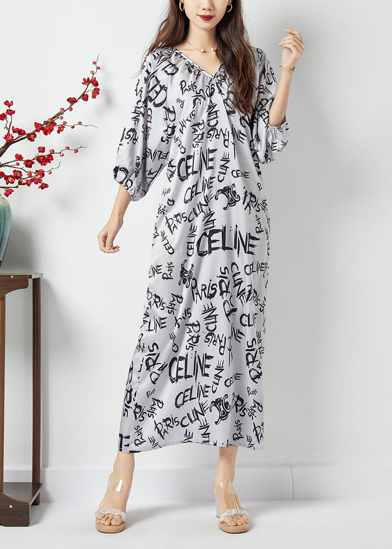 White V Neck Letter Print Wrinkled Chiffon Long Dress Batwing Sleeve