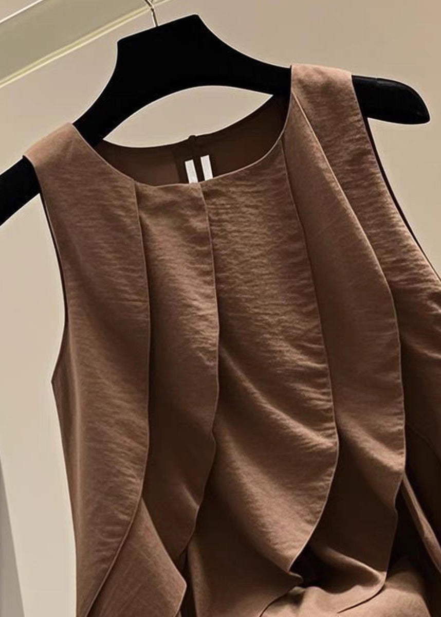 Brown O-neck Ruffled Patchwork T Shirts Summer