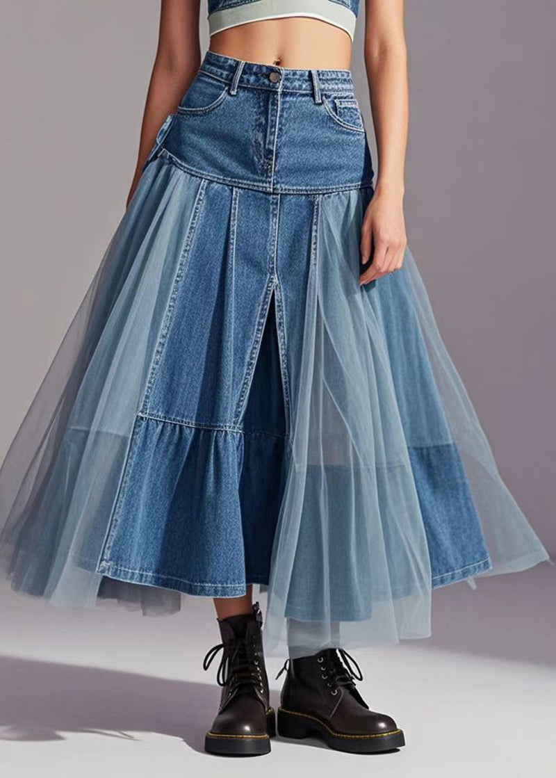 Blue Tulle Patchwork Exra Large Hem Denim Skirts Spring