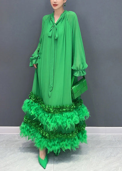 Stylish Green Feather Lace Up Patchwork Chiffon Maxi Dress Long Sleeve Spring