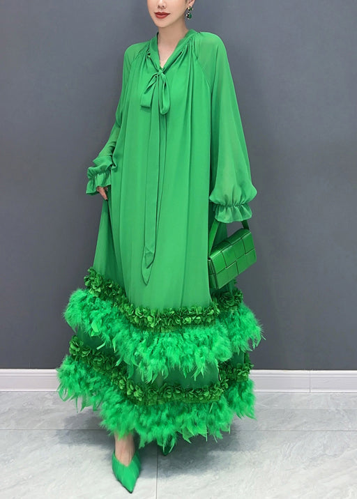 Stylish Green Feather Lace Up Patchwork Chiffon Maxi Dress Long Sleeve Spring