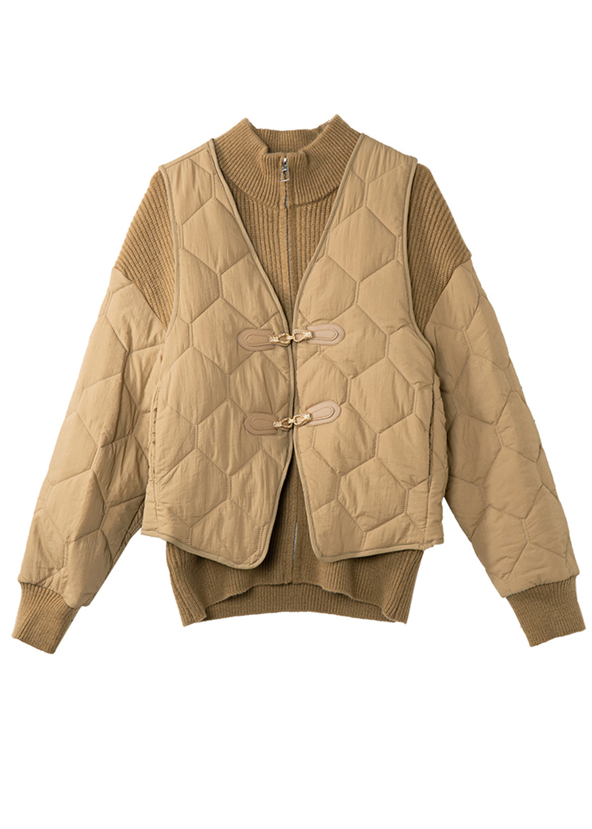 Fitted Khaki Zip Up Patchwork Knit Sets 2 Pieces Winter