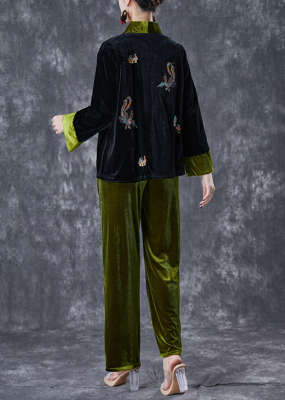 Blackish Green Embroideried Patchwork Silk Velour Two Pieces Set Fall