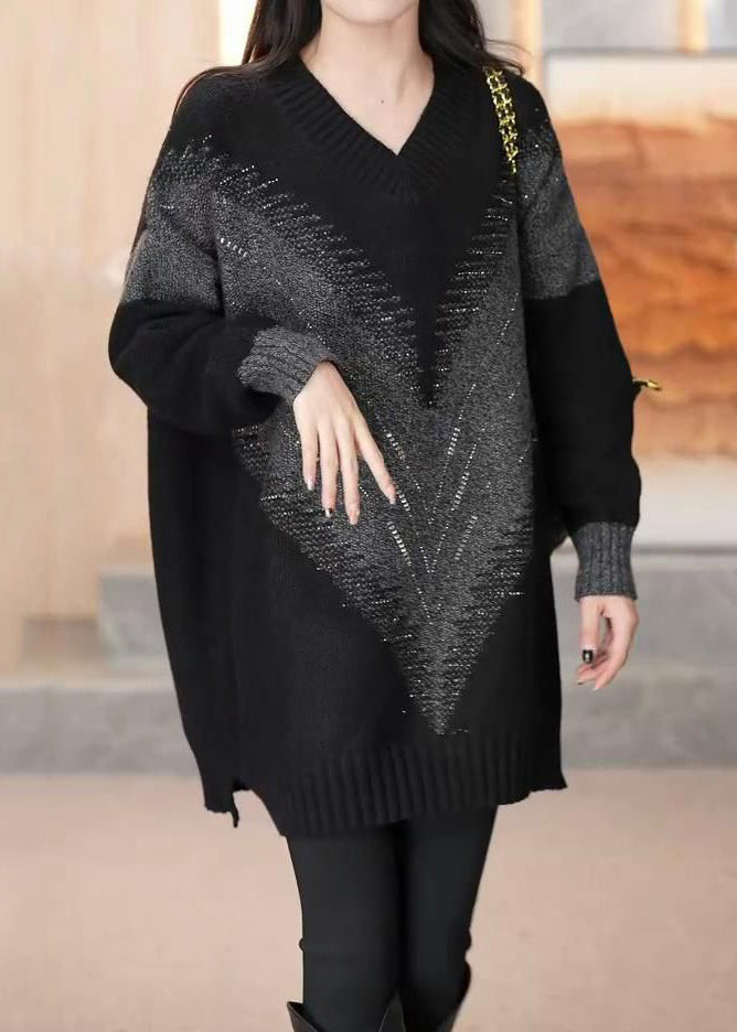 Loose Black V Neck Patchwork Cotton Knit Sweaters Long Sleeve Spring