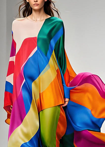 Colorblock Asymmetrical Patchwork Silk Maxi Dresses Long Sleeve