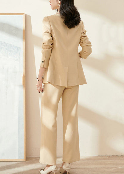Slim Fit Light Yellow Notched Coat and Pants Spandex Two Pieces Set Fall