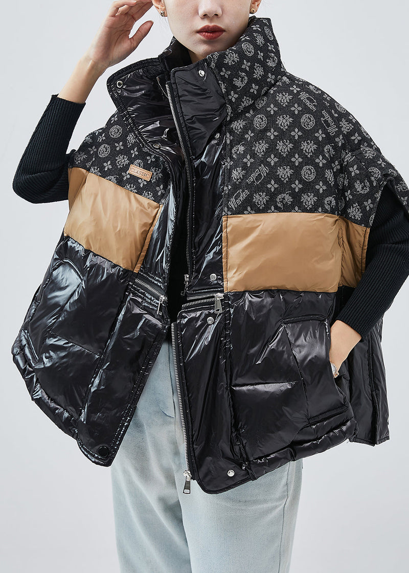 Black Zip Up Patchwork Fine Cotton Filled Vests Winter