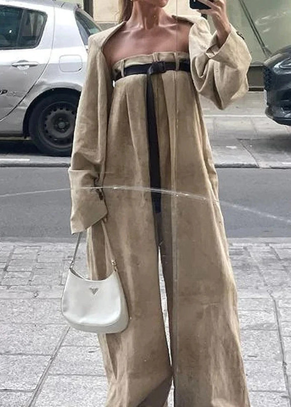 Camel Patchwork Sashes Jumpsuits Flare Sleeve