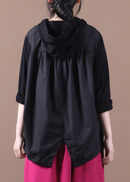 Black Patchwork Wrinkled Hooded Sweatshirt Long Sleeve
