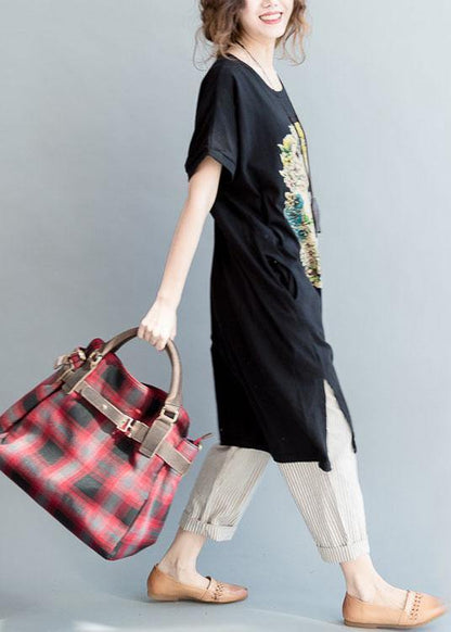 Diy Black Side Open Letter O Neck Vacation Cotton Dresses