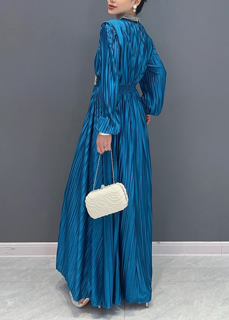 Blue V Neck Wrinkled Maxi Dress Long Sleeve