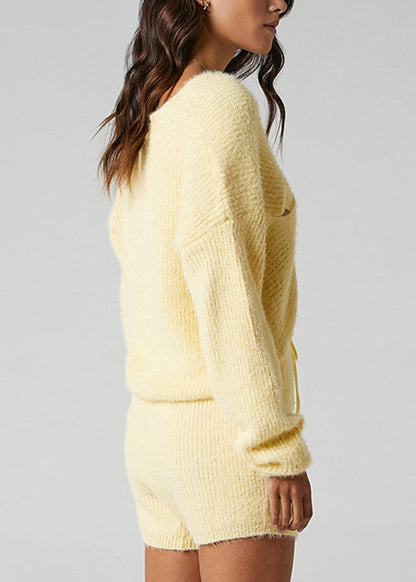 Yellow Crossover Design Elastic Waist Knit Two Pieces Set V Neck