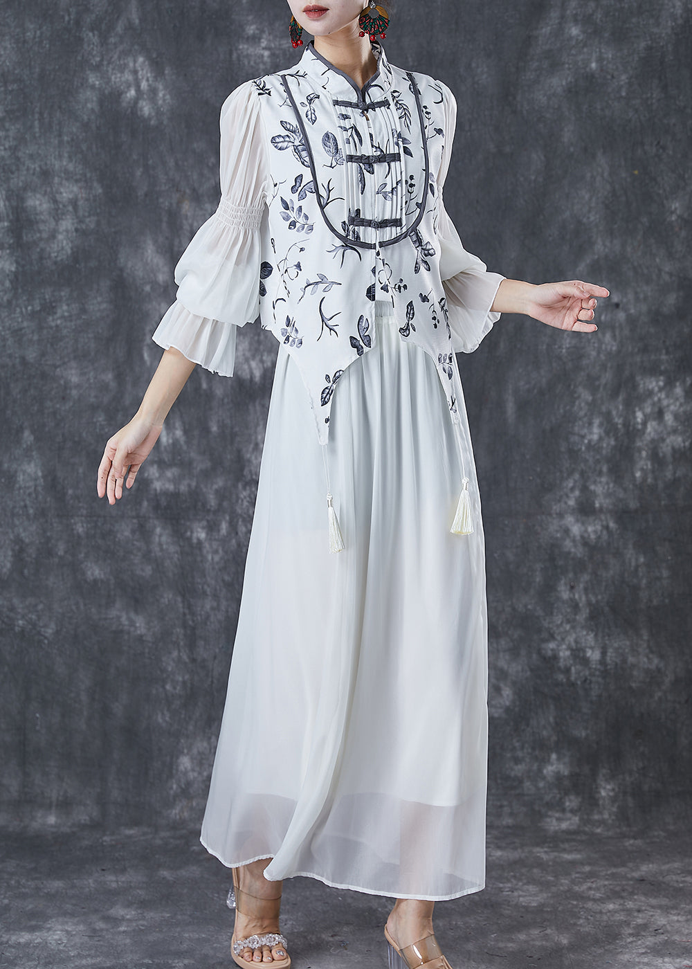 Silm Fit White Tasseled Print Chiffon Sets 2 Pieces Spring