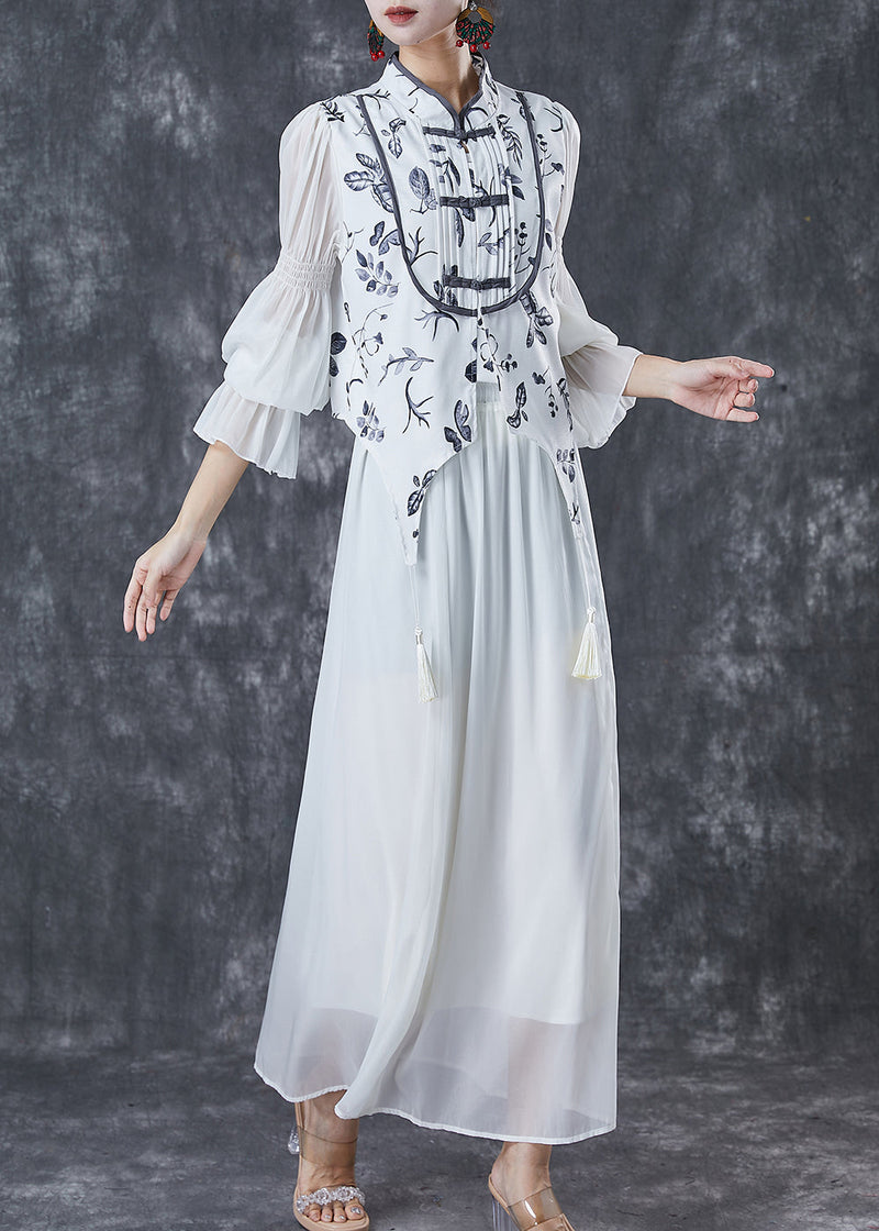 Silm Fit White Tasseled Print Chiffon Sets 2 Pieces Spring