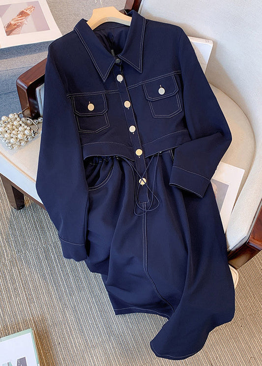 Navy Drawstring Pockets Denim Dress Long Sleeve