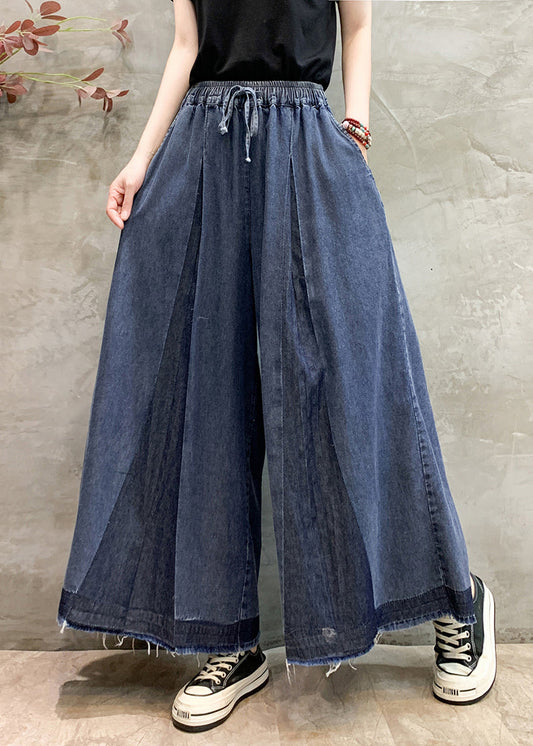 Navy Oversized Wrinkled Denim Wide Leg Pants Summer