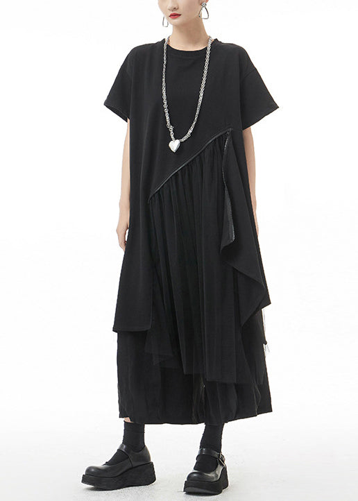 Black O-neck Asymmetrical Maxi Dress Short Sleeve