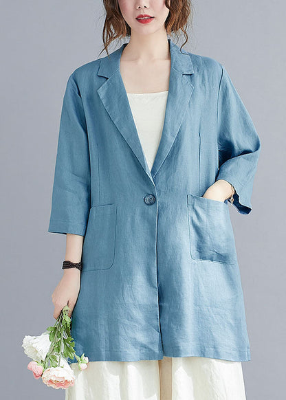 Natural Blue Notched Button Pockets Fall Three Quarter Sleeve Blouse Top