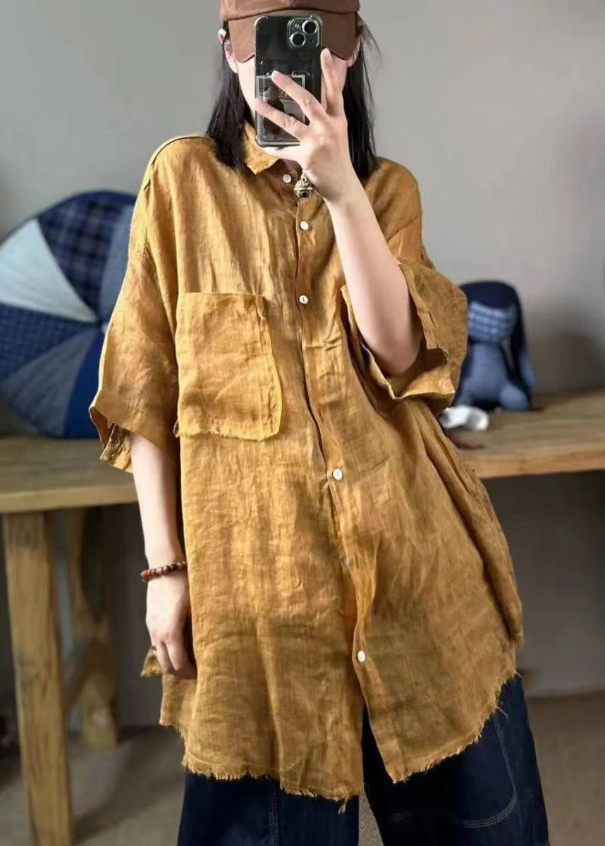 Green Peter Pan Collar Linen Shirt Tops Half Sleeve