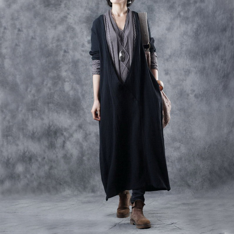 Black V Neck Patchwork Pockets Fall Dresses Long Sleeve