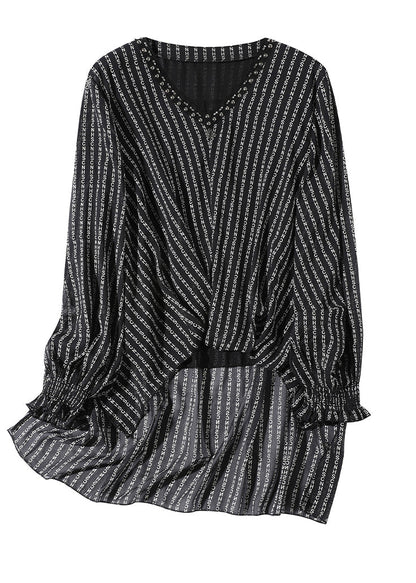 Black V Neck Low High Design Letter Striped Chiffon Top Long Sleeve