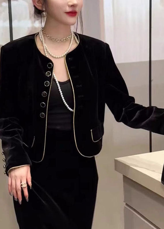 Diy Black O-neck Button Silk Velour Coats Fall