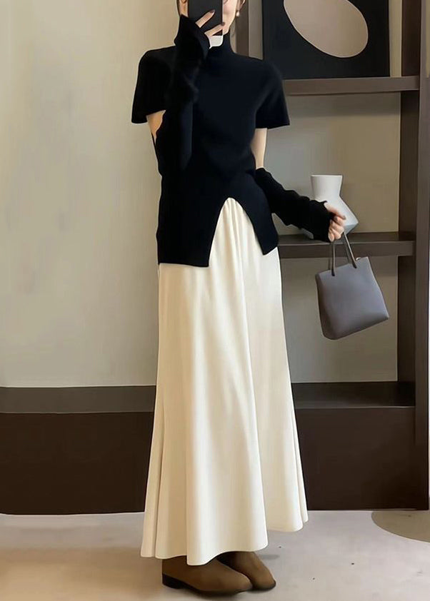 Simple Apricot Side Open Tops and Brown Skirts Knit Two Pieces Set Spring