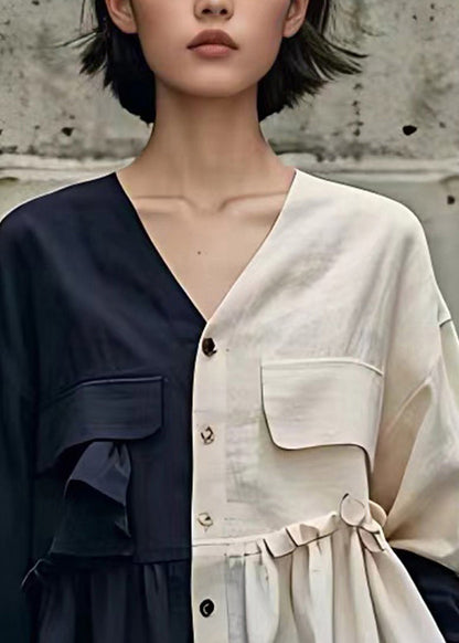 Navy Patchwork Wrinkled Button Top Long Sleeve