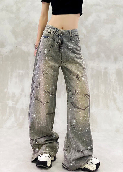 Blue Pockets Zircon High Waist Denim Pants Fall