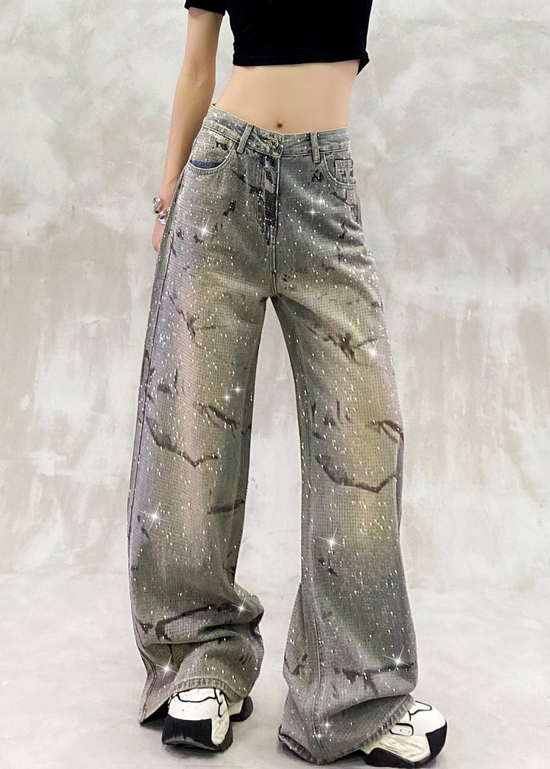 Blue Pockets Zircon High Waist Denim Pants Fall