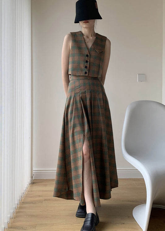Italian Green Plaid Tops and Pleated Skirts Cotton Two Pieces Set Sleeveless