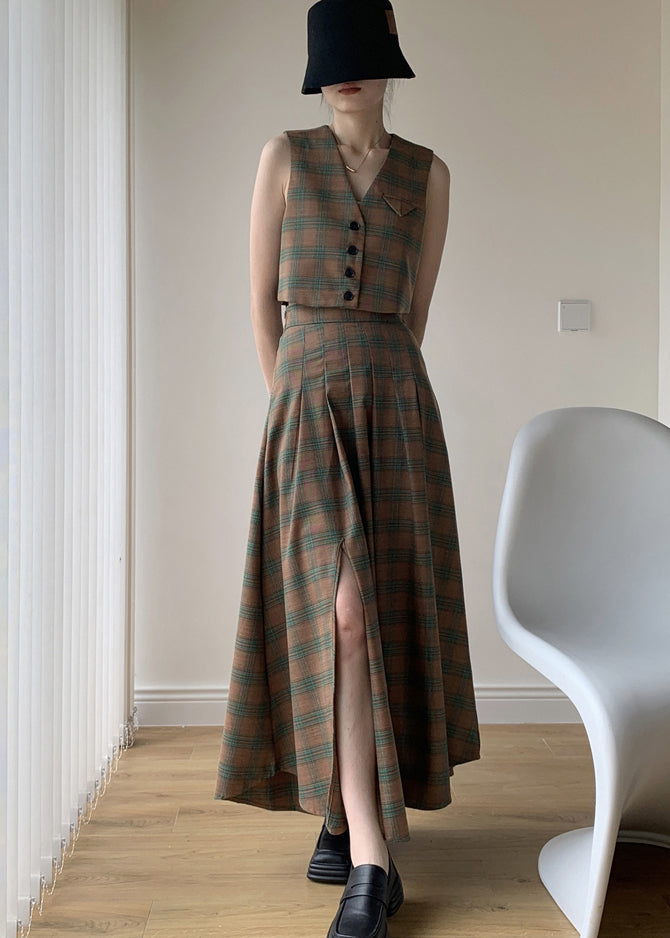 Italian Green Plaid Tops and Pleated Skirts Cotton Two Pieces Set Sleeveless