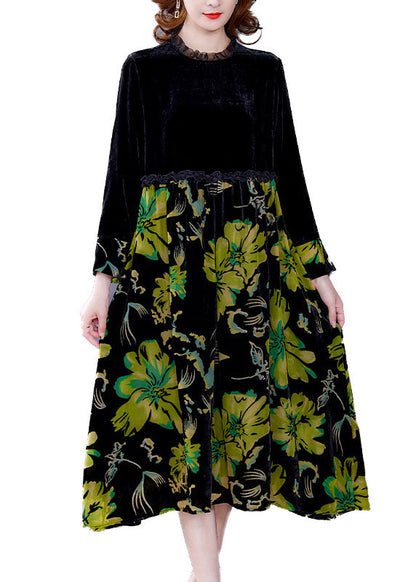 Black Patchwork Print Velour Dress Spring