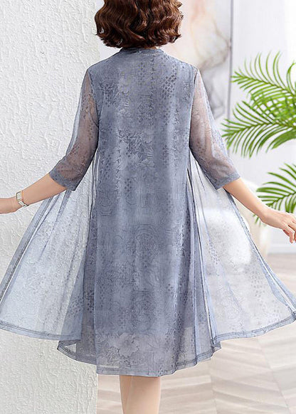 New Grey O-neck Print Chiffon Two Pieces Set Half Sleeve