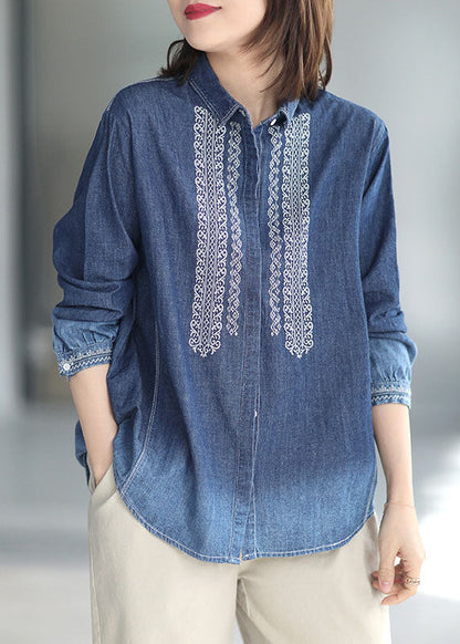 Blue Peter Pan Collar Embroideried Cotton Denim Shirt Top Long Sleeve