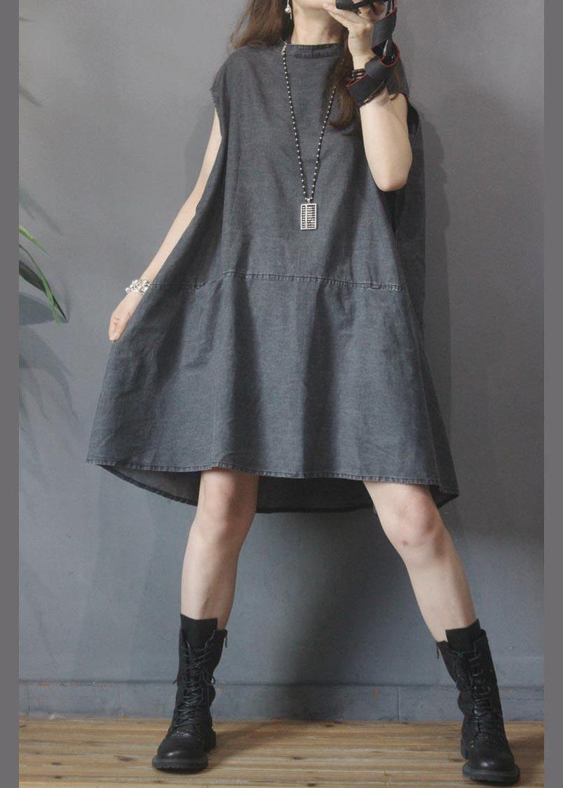 Fitted Black Grey O-neck Low High Design Summer Denim Mid Dress