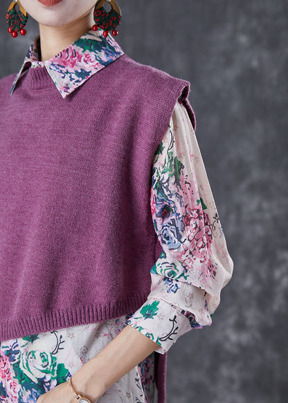 Modern Asymmetrical Print Knit Vest and Shirts Two-piece Set Fall