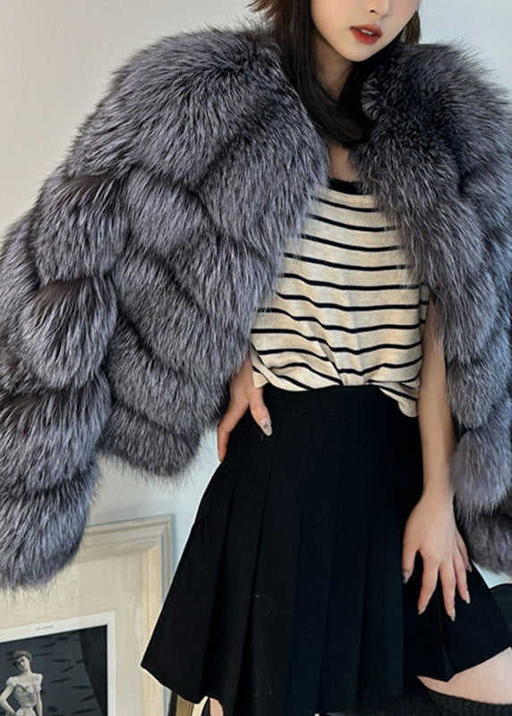 Grey Patchwork Leather and Fur Jacket Winter