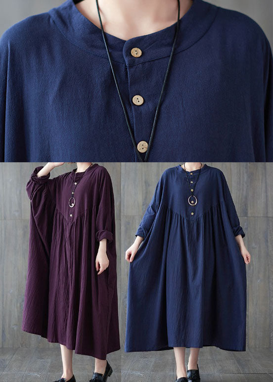 Blue Button Cotton Dress Spring