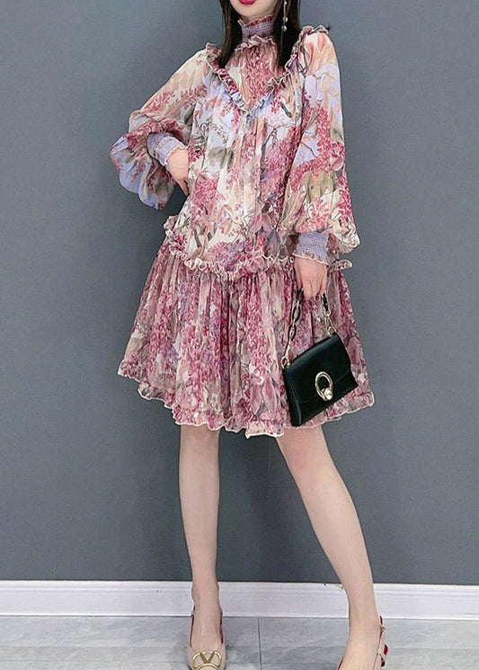 Red Stand Collar Ruffled Print Chiffon Dress Long Sleeve